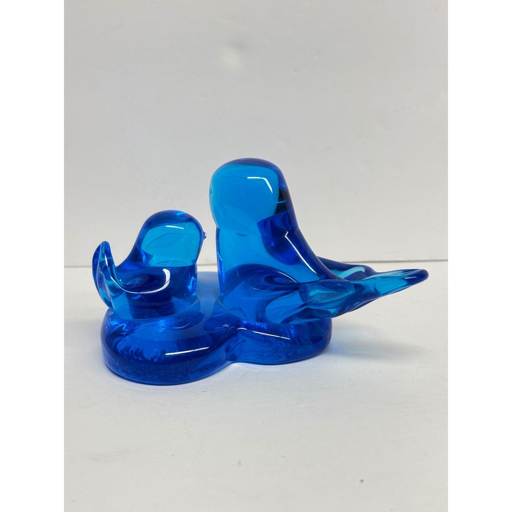 Blue Bird of Happiness Glass Figurine Mom Baby Heart Base Artist Signed Vtg 2002